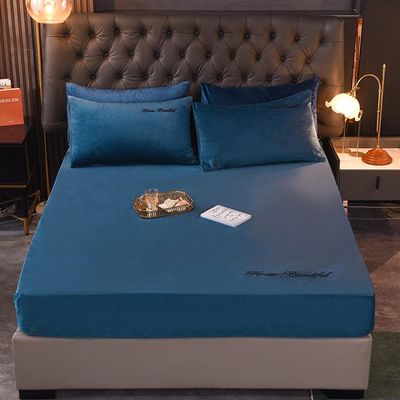 CFYCYHDZHT Bedding Best for Hotel Home,Warm Crystal Velvet Mattress Cover with Deep Pockets, Bedroom Guest Room Pure Color Embroidered Bed Protector Navy Blue 180200cm (3pcs)