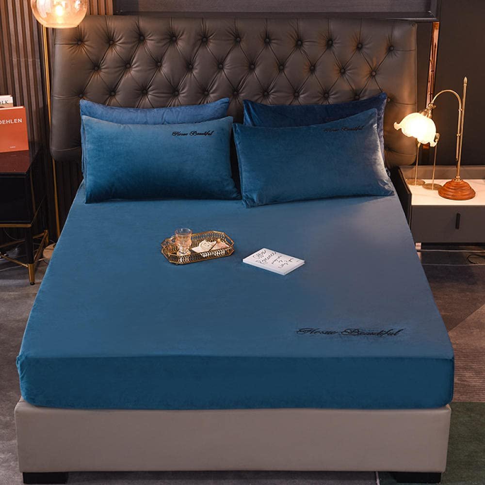 CFYCYHDZHT Bedding Best for Hotel Home,Warm Crystal Velvet Mattress Cover with Deep Pockets, Bedroom Guest Room Pure Color Embroidered Bed Protector Navy Blue 180200cm (3pcs)