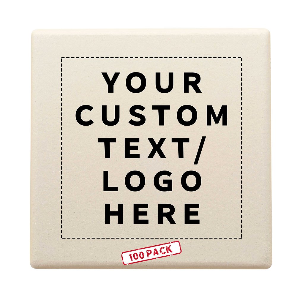 100 4" Square Ceramic Coasters Set - Customizable Text, Logo - Cork Bottom, Serve Ware - Natural