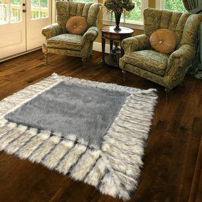 Fur Accents Shag Animal Pelt Rug, Gray or Brown with Fox Fur Border, Plush Faux Fur, Bear Skin, Sheepskin Area Rug, Thick Shaggy Soft Fur, Hand Made to Order USA (5'x8', Gray Tones with Border)