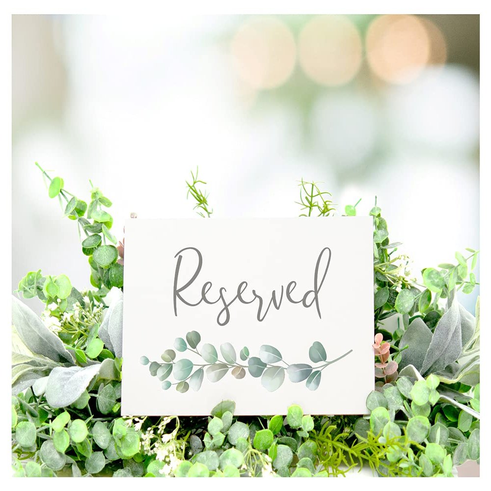 Calendars and More Elegant Eucalyptus Reserved Card Signs for Wedding Ceremony & Reception Chairs, Rows or Tables, Ultra Thick 3 Ply Stock with Pearl Core Canvas Texture (8 Pack - No Holes Ribbon)