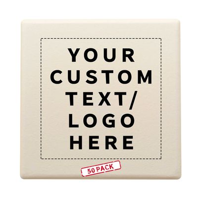 50 4" Square Ceramic Coasters Set - Customizable Text, Logo - Cork Bottom, Serve Ware - Natural