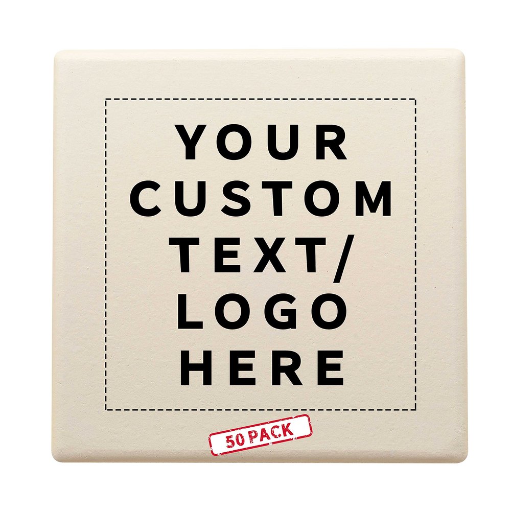 50 4" Square Ceramic Coasters Set - Customizable Text, Logo - Cork Bottom, Serve Ware - Natural