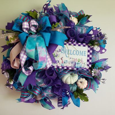 Fall Wreath in Pastels, Teal and Purple Autumn Wreath, Autumn in Purple and Teal Wreath