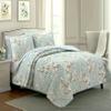 3-Piece Cotton Queen Quilt Bedding Set, Cream Cherry Blossom Floral Cyan Blue Green Lightweight Reversible Coverlet Bedspread for All Season view 1
