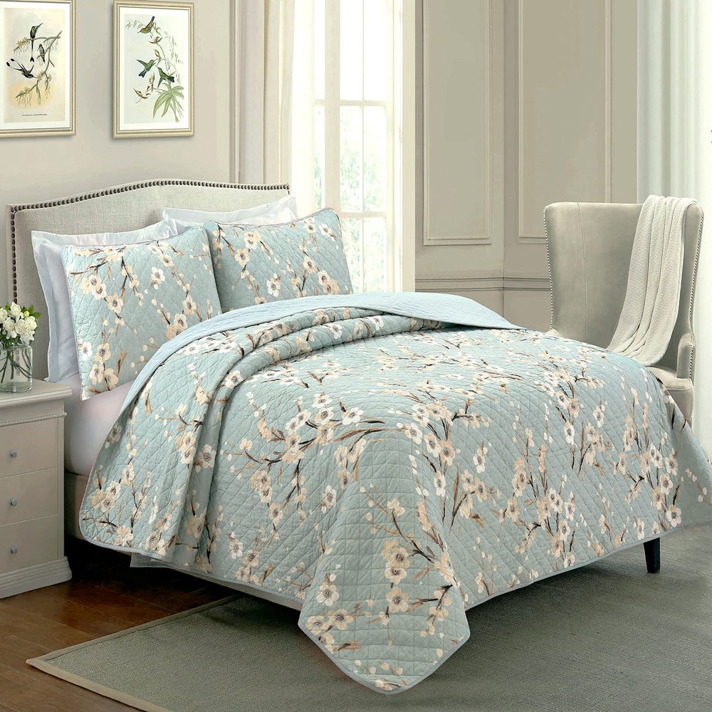 3-Piece Cotton King Quilt Bedding Set, Cream Cherry Blossom Floral Cyan Blue Green Lightweight Reversible Coverlet Bedspread for All Season