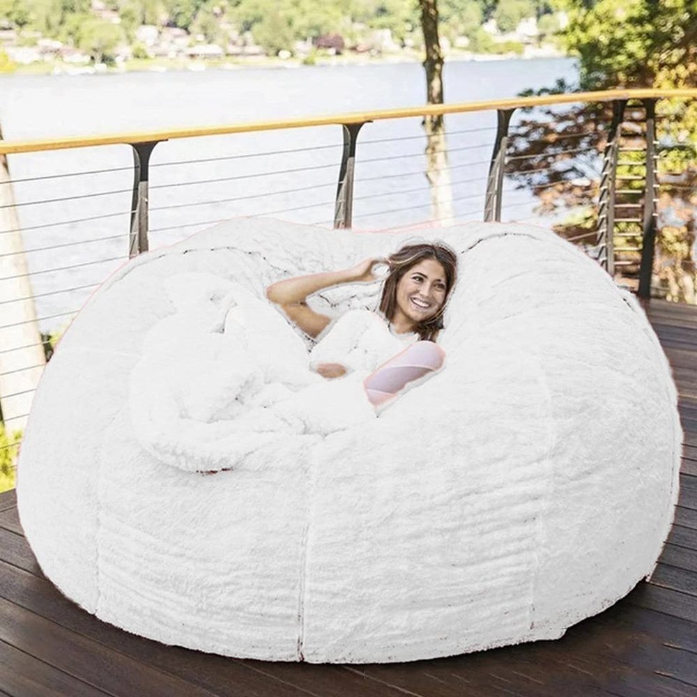 7ft Bean Bag Chair, Giant Soft Fluffy Faux Fur Bean Bag Cover Washable Jumbo Bean Bag Sofa Chair - XXL Sack Chair for Dorm, Family Room(Only Cover, No Filler) (Color : White)