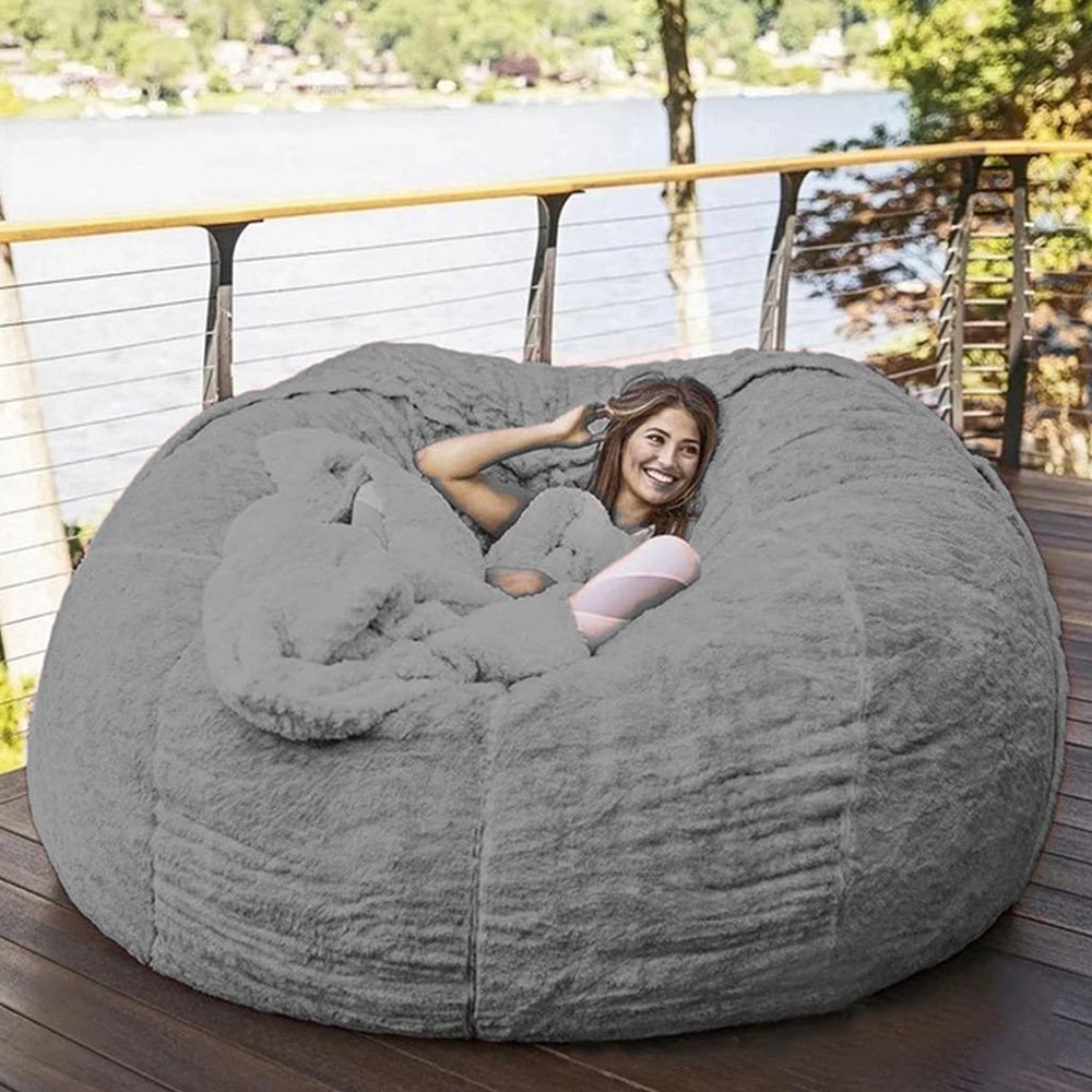 7ft Bean Bag Chair, Giant Soft Fluffy Faux Fur Bean Bag Cover Washable Jumbo Bean Bag Sofa Chair - XXL Sack Chair for Dorm, Family Room(Only Cover, No Filler) (Color : Beige)