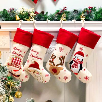 Hopearl 19'' Christmas Stockings Kit 4 Pcs Xmas Stocking Father Christmas Snowman Reindeer Penguin Rustic Flax Socks Holders Ornament Gifts Bags for Family Tree Party Supplies