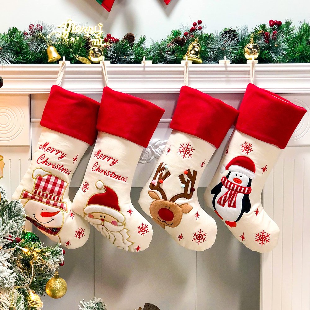 Hopearl 19'' Christmas Stockings Kit 4 Pcs Xmas Stocking Father Christmas Snowman Reindeer Penguin Rustic Flax Socks Holders Ornament Gifts Bags for Family Tree Party Supplies