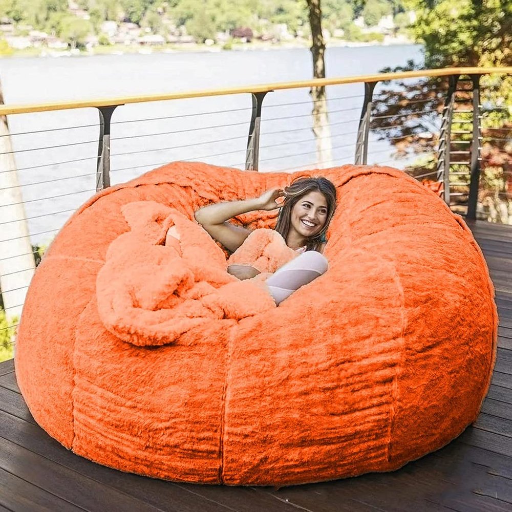 7ft Bean Bag Chair, Giant Soft Fluffy Faux Fur Bean Bag Cover Washable Jumbo Bean Bag Sofa Chair - XXL Sack Chair for Dorm, Family Room(Only Cover, No Filler) (Color : Orange)