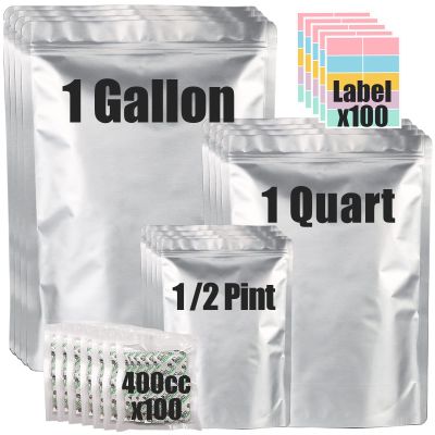 100pcs Mylar Bags for Food Storage with 150 Oxygen Absorbers & Labels, 10 Mil Thick 3 Sizes (1 Gallon, 1 Quart, 1/2 Pint) - Stand-Up, Resealable & Heat Sealable for Long Term Food Storage