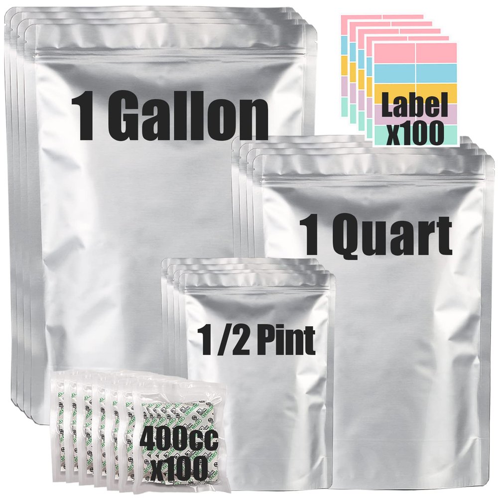 100pcs Mylar Bags for Food Storage with 150 Oxygen Absorbers & Labels, 10 Mil Thick 3 Sizes (1 Gallon, 1 Quart, 1/2 Pint) - Stand-Up, Resealable & Heat Sealable for Long Term Food Storage