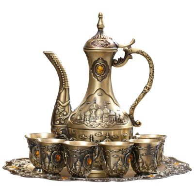 Vintage Turkish Coffee Pot Set for 6 Including Tray and Teapot,Metal Cups,Teapot and Cup Set for One,Tea Service Set for Home Tea Table Decor,Wedding Ornaments(Brass)