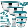 22-Piece Mixing Bowls with Teal Blue Lids & Accessories Set, E-far Stainless Steel Nesting Bowls with Covers & Non-Slip Bottoms, Metal Bowls for Cooking/Baking/Serving/Storage -Size 7/3.5/2.5/1.5/1 QT view 1