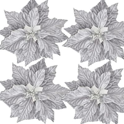 tiecawk 4Pack Christmas Poinsettia Decorations 9.8In Artificial Velvet Flowers for Christmas Tree Ornament DIY Wreath Xmas Party Home Supplies (Silver)