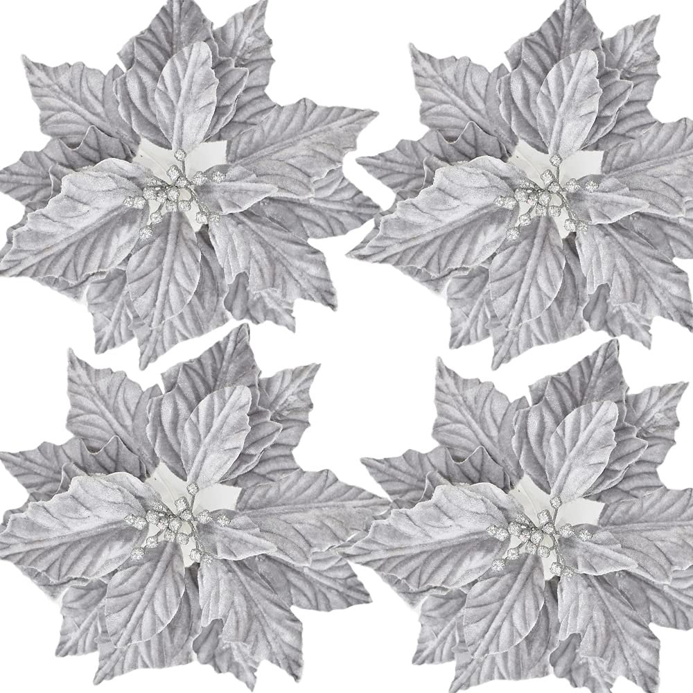 tiecawk 4Pack Christmas Poinsettia Decorations 9.8In Artificial Velvet Flowers for Christmas Tree Ornament DIY Wreath Xmas Party Home Supplies (Silver)