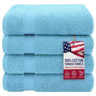 American Veteran Towel 100% Cotton Turkish Bath Towels for Bathroom 4 Pack, 27x54 Extra Large Premium Soft Drying Bathroom Towels, Sky Blue