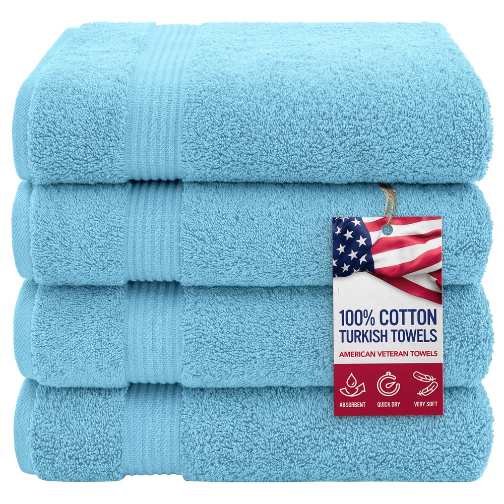 American Veteran Towel 100% Cotton Turkish Bath Towels for Bathroom 4 Pack, 27x54 Extra Large Premium Soft Drying Bathroom Towels, Sky Blue