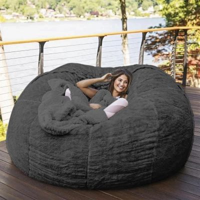 7ft Bean Bag Chair, Giant Soft Fluffy Faux Fur Bean Bag Cover Washable Jumbo Bean Bag Sofa Chair - XXL Sack Chair for Dorm, Family Room(Only Cover, No Filler) (Color : Black)