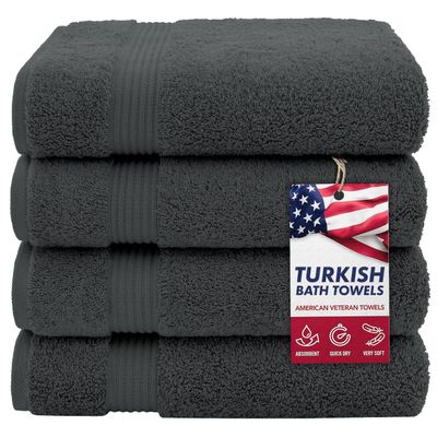 American Veteran Towel, Turkish Bath Towels for Bathroom 4 Pack, 27x54 Extra Large Premium Soft Drying Bathroom Towels, Dark Gray