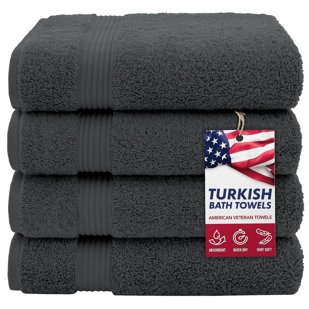 American Veteran Towel, Turkish Bath Towels for Bathroom 4 Pack, 27x54 Extra Large Premium Soft Drying Bathroom Towels, Dark Gray