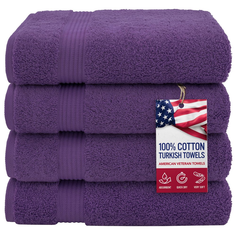 American Veteran Towel, 100% Cotton Turkish Bath Towels for Bathroom 4 Pack, 27x54 Extra Large Premium Soft Drying Bathroom Towels, Purple