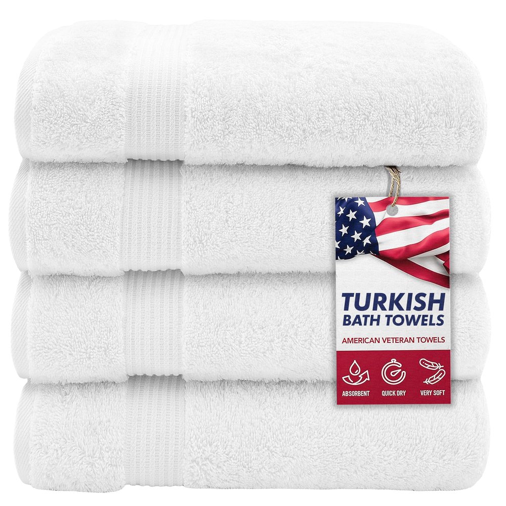 American Veteran Towel, Turkish Bath Towels for Bathroom 4 Pack, 27x54 Extra Large Premium Soft Drying Bathroom Towels, White