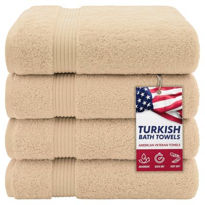 American Veteran Towel, Turkish Bath Towels for Bathroom 4 Pack, 27x54 Extra Large Premium Soft Drying Bathroom Towels, Beige