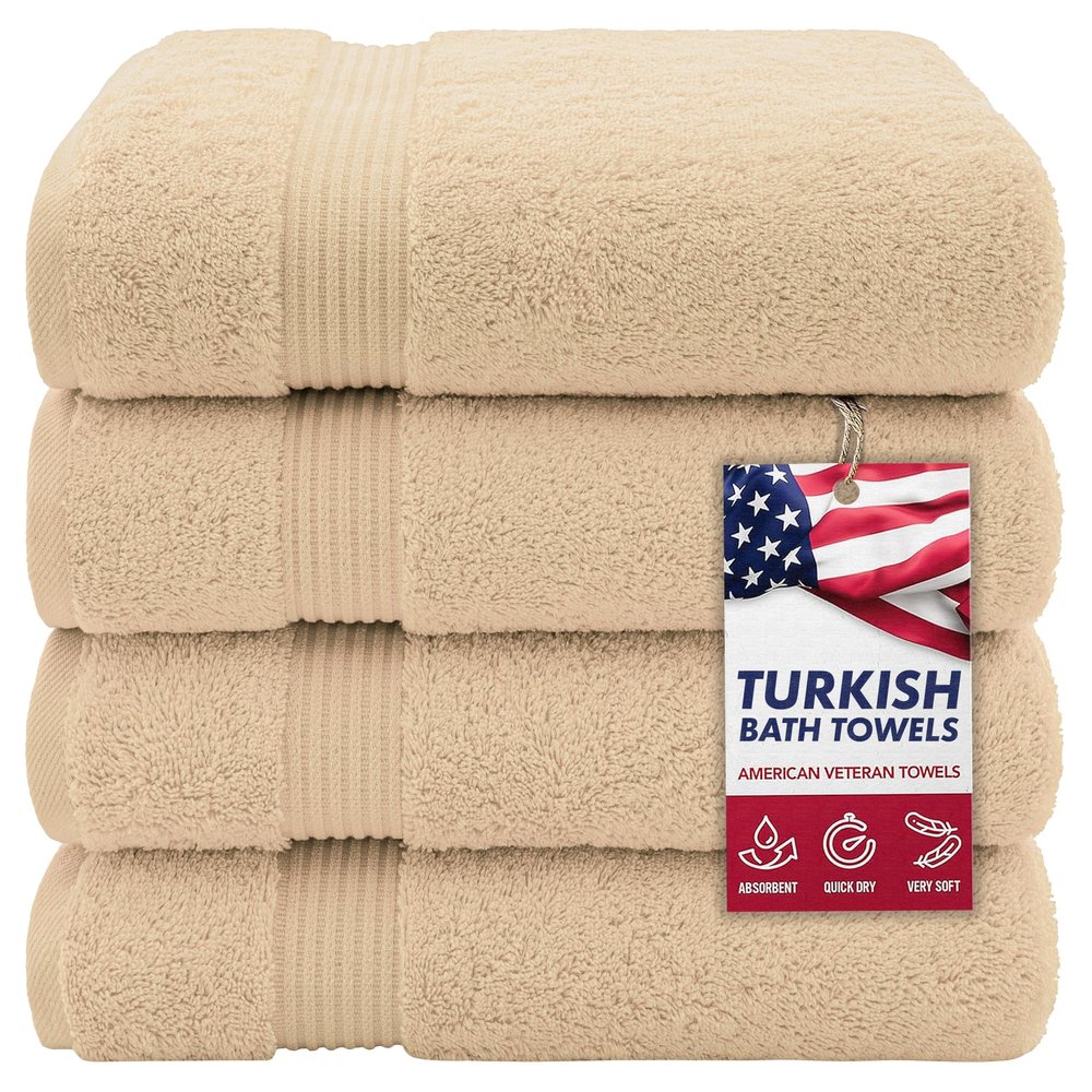 American Veteran Towel, Turkish Bath Towels for Bathroom 4 Pack, 27x54 Extra Large Premium Soft Drying Bathroom Towels, Beige