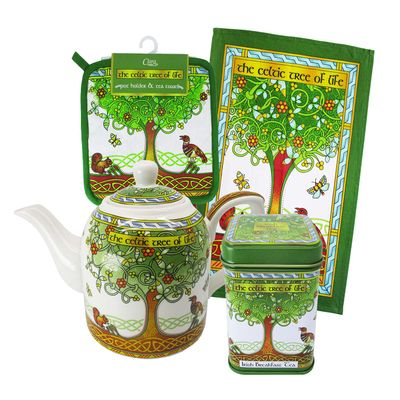 Royal Tara Tree of Life Kitchen Set - Teapot -Loose Leaf Tea Tin- Tea Towel and Pot Holder