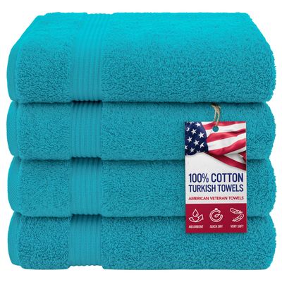 American Veteran Towel, 100% Cotton Turkish Bath Towels for Bathroom 4 Pack, 27x54 Extra Large Premium Soft Drying Bathroom Towels, Aqua Blue