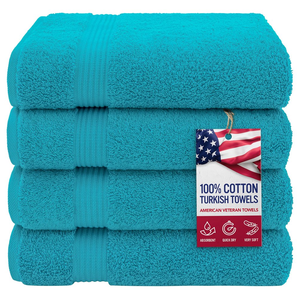 American Veteran Towel, 100% Cotton Turkish Bath Towels for Bathroom 4 Pack, 27x54 Extra Large Premium Soft Drying Bathroom Towels, Aqua Blue