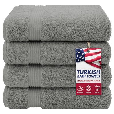 American Veteran Towel, Turkish Bath Towels for Bathroom 4 Pack, 27x54 Extra Large Premium Soft Drying Bathroom Towels, Light Gray