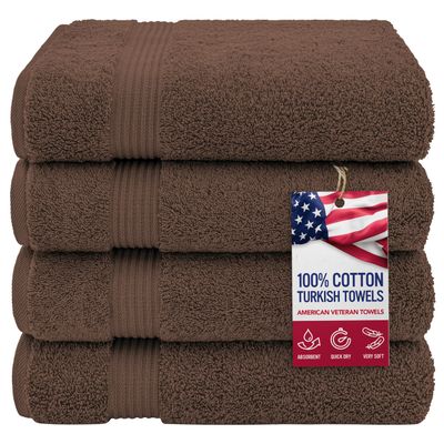 American Veteran Towel, 100% Cotton Turkish Bath Towels for Bathroom 4 Pack, 27x54 Extra Large Premium Soft Drying Bathroom Towels, Brown