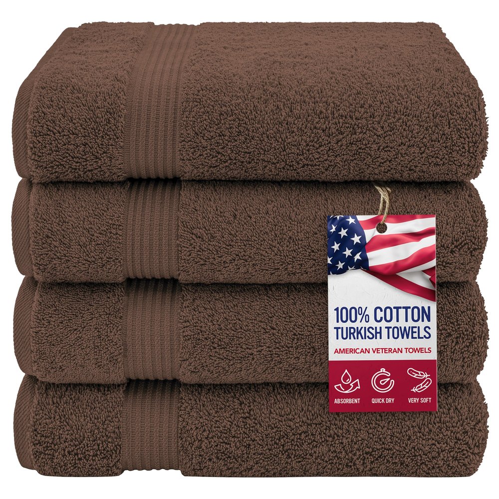 American Veteran Towel, 100% Cotton Turkish Bath Towels for Bathroom 4 Pack, 27x54 Extra Large Premium Soft Drying Bathroom Towels, Brown