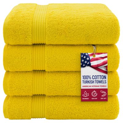 American Veteran Towel, 100% Cotton Turkish Bath Towels for Bathroom 4 Pack, 27x54 Extra Large Premium Soft Drying Bathroom Towels, Yellow