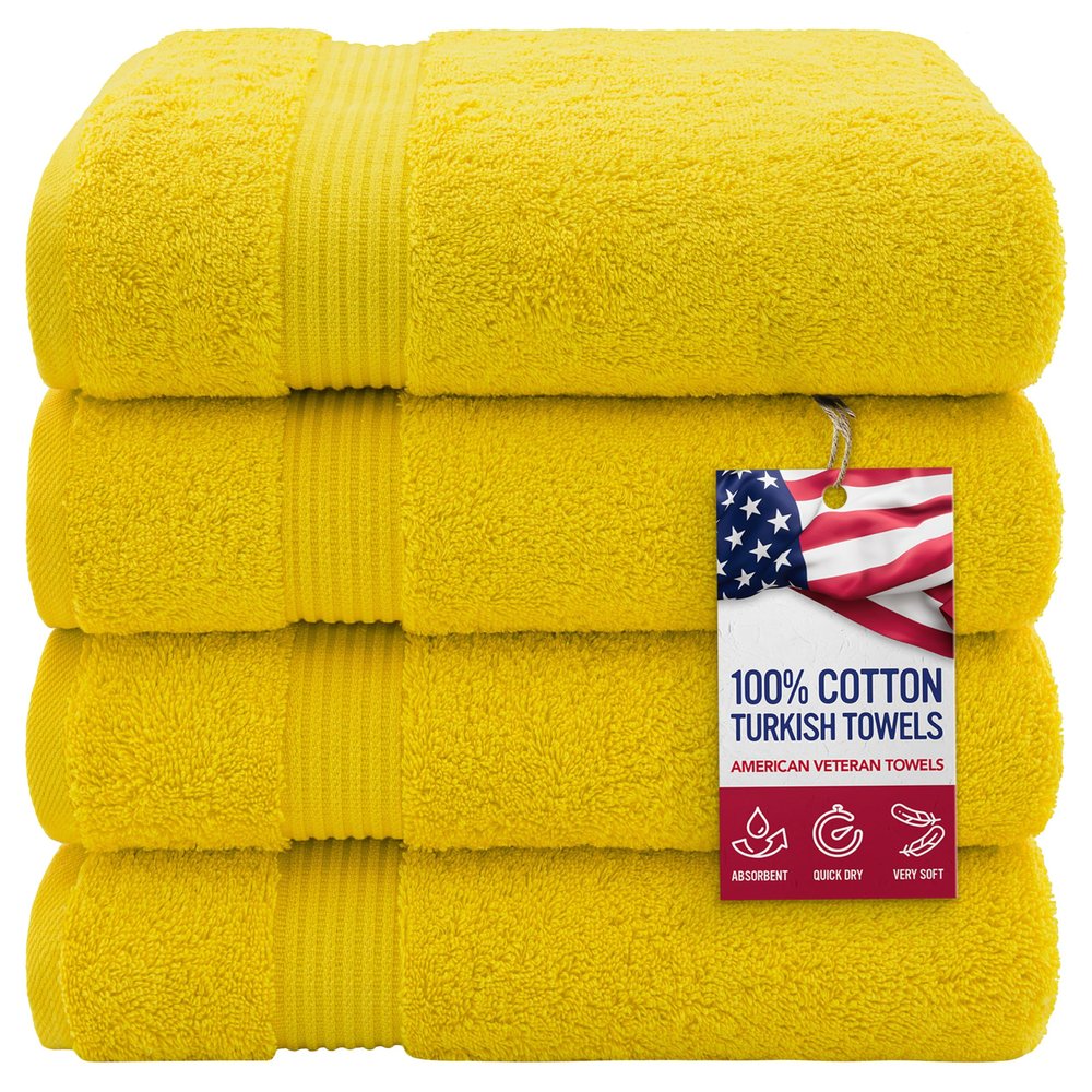 American Veteran Towel, 100% Cotton Turkish Bath Towels for Bathroom 4 Pack, 27x54 Extra Large Premium Soft Drying Bathroom Towels, Yellow