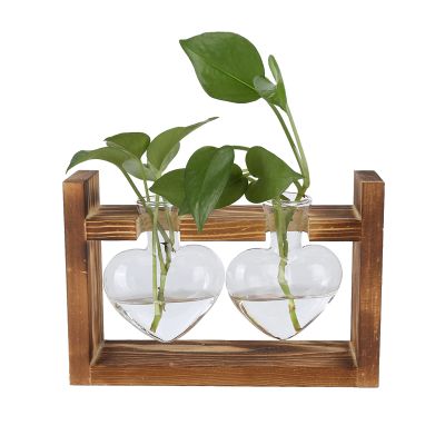 Desktop Glass Vase with Wooden Frame, Glass Bottle Flower Pot for Plants, Plant Terrarium Stand for Modern Office Home Decorations (Vintage Frame + 2 Heart Bottle)