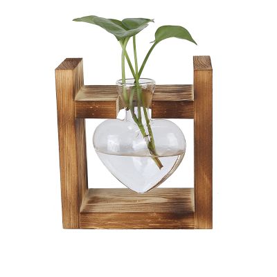 Heart Shaped Glass Bottle, Innovative Flower Pot with Vintage Wooden Frame Transparent Tabletop Vase Home Decoration, Borosilicate Glass Material, Pine Wood, Retro Design