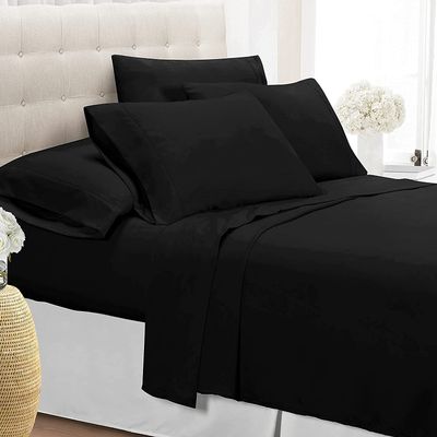 7 PCS Bed Sheet Set 100% Egyptian Cotton Twin-Black Bedding Set Includes 1 Fitted,1 Flat,1 Bed Skirt with 4 Pillow Cases | 600 Thread Counts Bed-in-A-Beg Easy Fits Up to 12" Deep Pockets