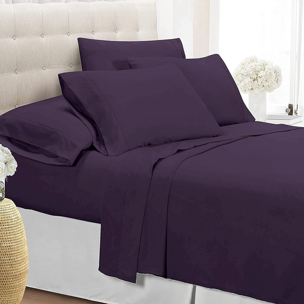 7 PCS Bed Sheet Set 100% Egyptian Cotton Queen-Eggplant Bedding Set Includes 1 Fitted,1 Flat,1 Bed Skirt with 4 Pillow Cases | 600 Thread Counts Bed-in-A-Beg Easy Fits Up to 12" Deep Pockets