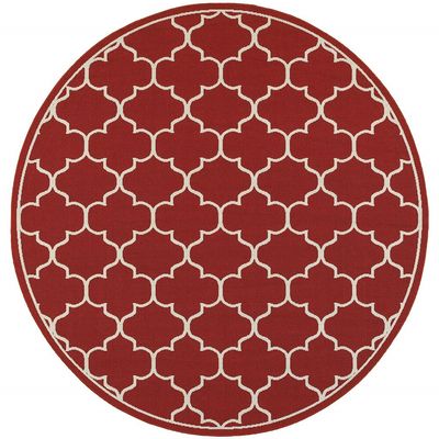 HomeRoots Polypropylene 8 Round Red and Ivory Trellis Indoor Outdoor Area Rug