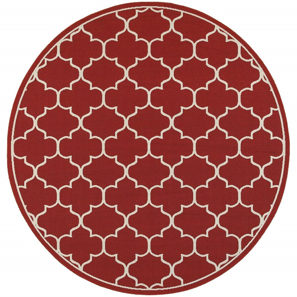HomeRoots Polypropylene 8 Round Red and Ivory Trellis Indoor Outdoor Area Rug