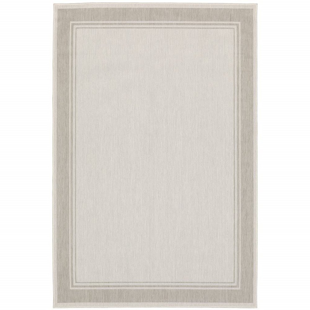 HomeRoots Polypropylene 8x10 Ivory and Gray Bordered Indoor Outdoor Area Rug