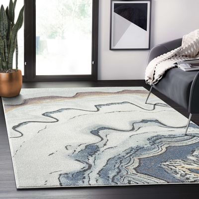 Abani 5'3" x 7'6" (5x8) Beige & Blue Unique Ripple Design Premium Dining Room Rug - Modern Print Rugs No-Shedding Multicolor Area Rug
