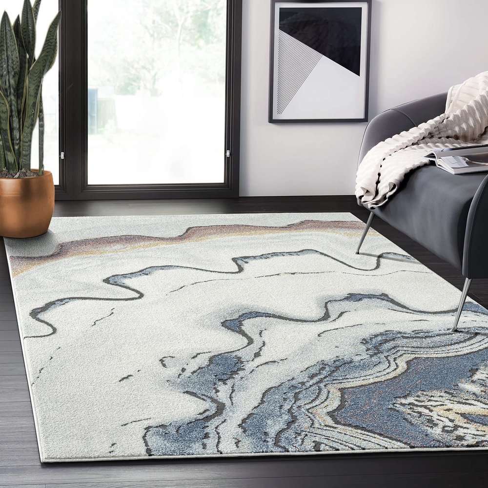 Abani 5'3" x 7'6" (5x8) Beige & Blue Unique Ripple Design Premium Dining Room Rug - Modern Print Rugs No-Shedding Multicolor Area Rug