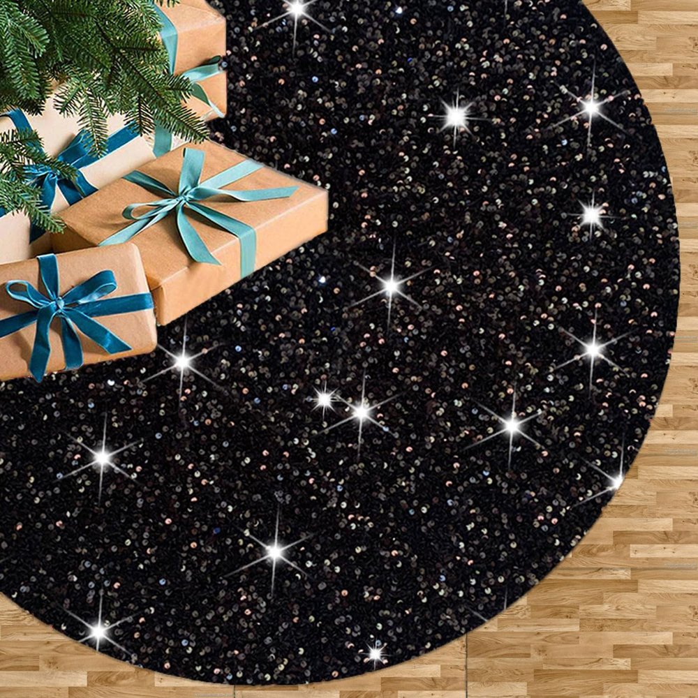 FUHSY Christmas Black Tree Skirt 21 Inches Glittery Sequin Tree Skirt Soft Velvet Halloween Tree Skirts for Tabletop Christmas Tree Decorations Sparkle Slim Xmas Tree Mat for Holiday Party Decor