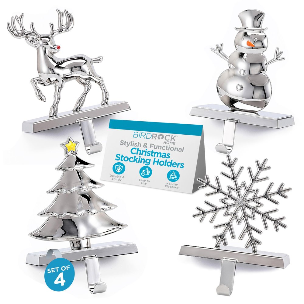 BIRDROCK HOME Christmas Stocking Holders for Mantle - Weighted Metal Hanger for Stockings & Holiday Decor - Metal Hook for Fireplace, Staircase, Shelf - Non-Scratch Base - Holiday Collection, Set of 4