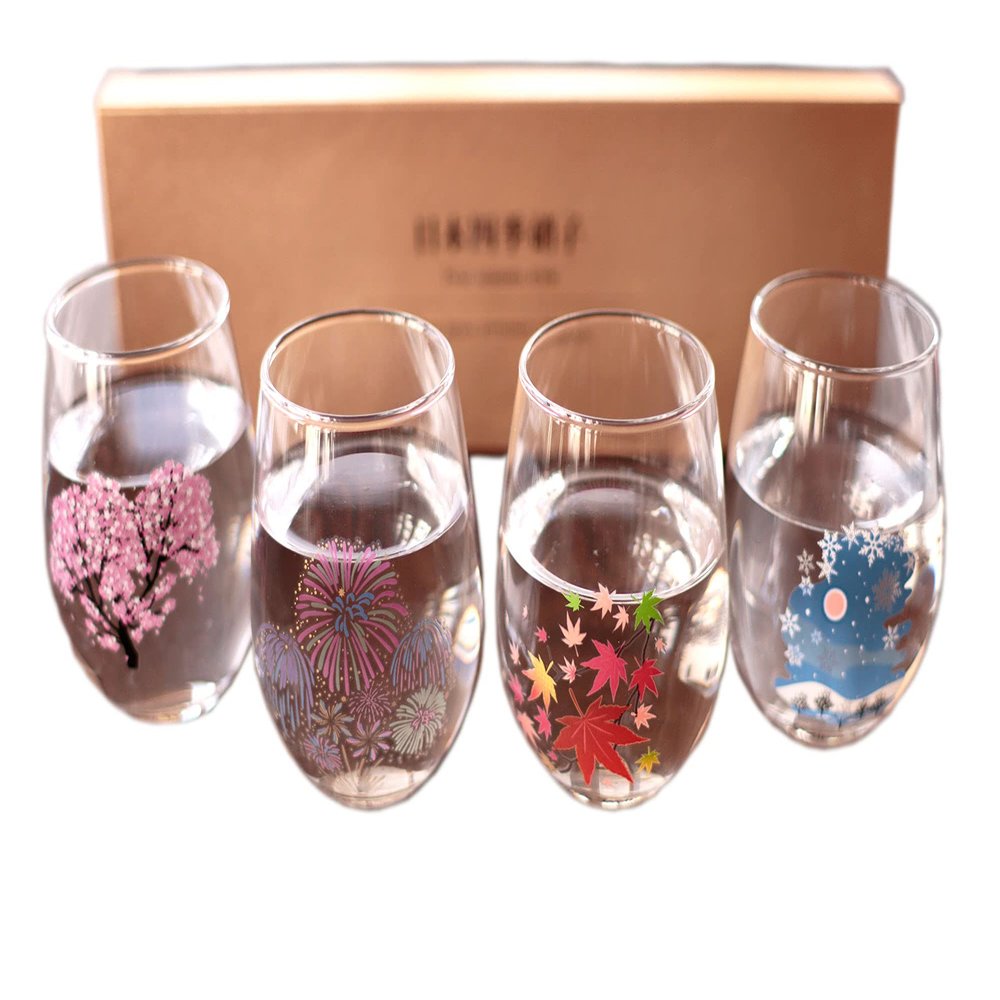 Japanese Four Seasons Color Changing Glass Cup Set, Magical Blooming Multi-purpose Glasses Cherry Blossom, Fireworks, Autumn Leaves, Snowflakes